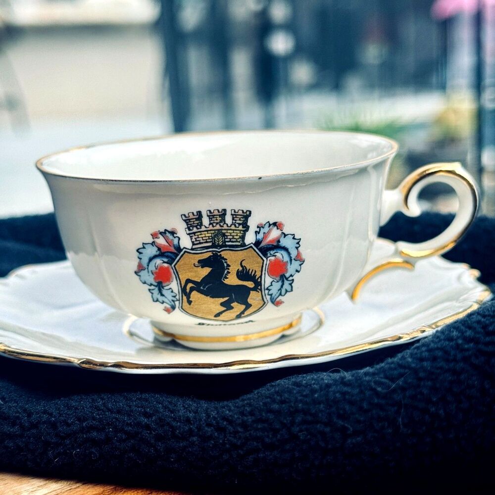 Vintage L&M Germany Stuttgart Coat of Arms Porcelain Tea Cup Saucer Gold Gilt